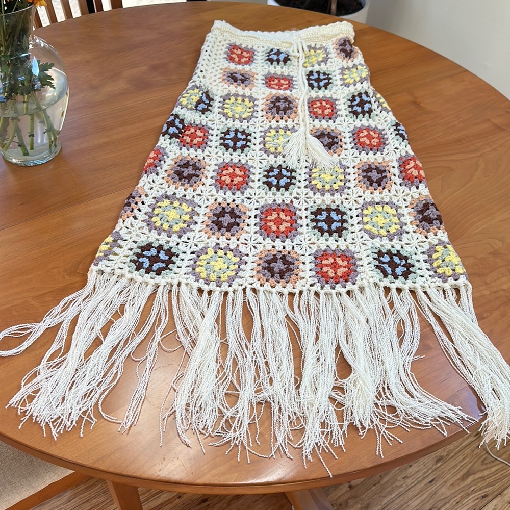 Stretch, crochet Patchwork type skirt with fringe